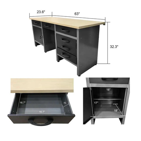 Ultimate Garage Storage System With Wall Cabinets, Steel Pegboard And Wood Workbench, Tools Organizer, showing workbench dimensions