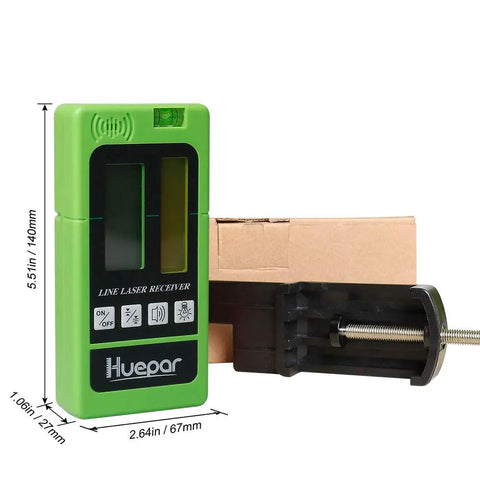 LR-5RG Laser Receiver For Line Lasers With Green And Red Beam Detection, showing dimensions and clamp holder