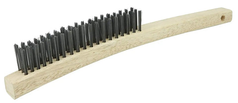 Hand Wire Scratch Brush With Curved Hardwood Handle And .012 Carbon Steel Fill, 3 By 19 Rows, side view against white background