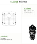 Package contents including 17x15 Black Undermount Bar Sink Built To Last For Home Bars And Prep Stations with drainer and grid.