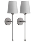 Battery Operated Wall Sconce Set of 2, RF Remote, Grey and Grey Shade with interchangeable rods and sleek design.