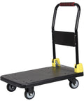 Heavy Duty Foldable Flatbed Hand Cart With Smooth 360 Degree Swivel Wheels Platform Truck Trolley front view, black steel deck, ergonomic handle.