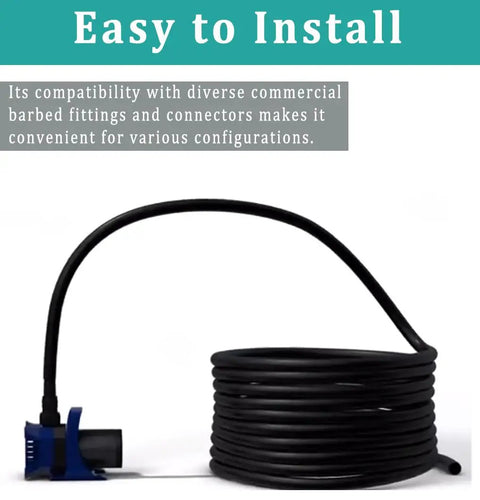 Coiled 3/4 Inch Black Vinyl Tubing 10 Ft Flexible PVC Hose with attached pump, designed for water garden pond fountains and light gas transfer.