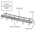 Heavy Duty Floating Mantel Brackets With Keyhole Mounting System And Drill Guide Jig showing drill plate, router template, and drill bit.