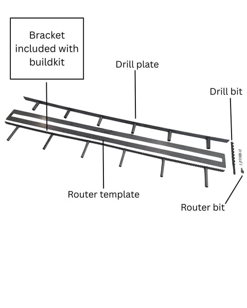 Heavy Duty Floating Mantel Brackets With Keyhole Mounting System And Drill Guide Jig showing drill plate, router template, and drill bit.