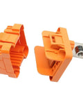 Rock Solid Heavy Duty 350 Amp Copper Connector For Lithium Battery Banks And Stationary Energy Storage Systems Featuring Tight DC Terminals. Orange connectors showing design.