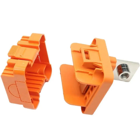 Rock Solid Heavy Duty 350 Amp Copper Connector For Lithium Battery Banks And Stationary Energy Storage Systems Featuring Tight DC Terminals. Orange connectors showing design.