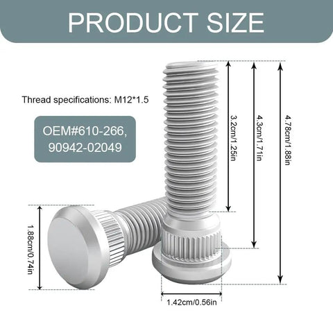 Product size diagram for Five Piece Wheel Lug Bolts Kit, 49mm Long, M12x1.5 Steel Lug Bolts For Most Cars, OEM 610-266 90942-02049