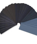 Wet Dry Sandpaper Set 42 Sheets 9 By 3.6 Inch Grit Range 120 Through 3000 Assorted Paper fanned out display.