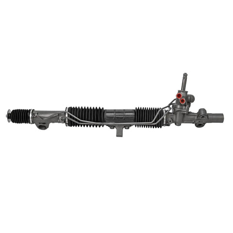 Premium Heavy Duty Power Steering Rack And Pinion Assembly Fits 2001 Through 2005 Honda Civic 1.7 Liter Non Hybrid Excluding Si Variants Plus Acura El, side view with rubber boots and fittings.