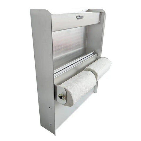 Trailer Door Cabinet Organizer With Flip Out Work Tray, Aluminum Garage Shop Storage System for aerosols, oils, tools, 25x6x30 inches side view