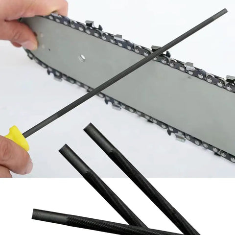 Pro Grade Chainsaw File Set With Plastic Handle Round Files 5/32 3/16 7/32 Inches Sizes For Fast Chainsaw Sharpening in use