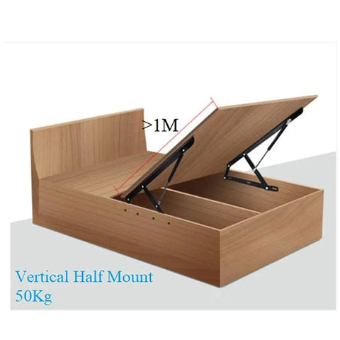 Heavy Duty Pneumatic Bed Lift Mechanism Kit With Spring Strut Hinge for DIY Furniture Storage in Iron Build, 50kg load capacity.