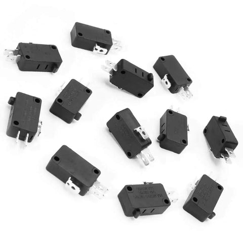 125V To 250V SPDT Snap Action Micro Limit Switch Button For Microwave Ovens And Arcade Door Interlocks, 1NO 1NC, 16A Rating, 12 Pack. Black plastic body, laying on a white surface.