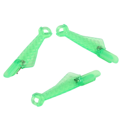 Three green fish-mouth needle threaders arranged in a triangle. 10 Pack Fish Mouth Needle Threaders For Sewing Machines Hordion Self Threading Quick Loop Tool For Easy Threading Compact 1.18 Inch Handy Portable Pack Must Have For Home Sewing, Quilting, And Craft Projects.