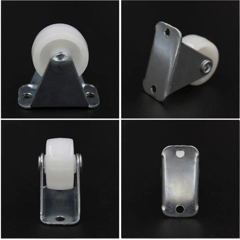 12 Pcs White PP Nylon Office Chair Caster Wheels 1 Inch, close-up view of caster wheel with metal bracket.