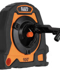 Closed Reel Tape Measure With 100 Foot Nylon Coated Blade Fast Three To One Gear Retracting Smooth Release Button And Safe Hook Storage