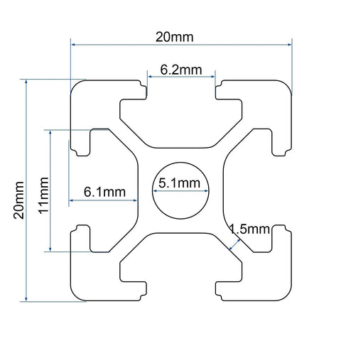 Cross-section diagram of 20 Pcs Aluminum Extrusion 20x20 1220 mm 48 Inch European Standard Anodized T Slot Linear Rail Profile For 3D Printer And CNC Machines Pro Grade Silver Finish High Quality Extruded Aluminum Profile Pack