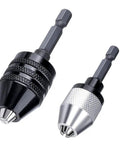 Two Keyless Drill Chuck Adapters, sizes 0.8 to 8 mm and 0.3 to 3.6 mm, with 1/4 inch hex shank for hammer drills, lightweight and quick change