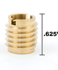 Close-up of brass insert from All-In-One Wood Threaded Inserts Installation Kit With Brass 400 M8 Knife Thread Inserts showing .625 inches height.