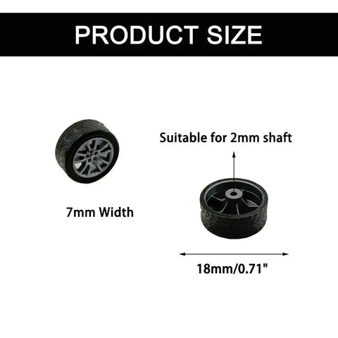 30 Piece Rubber Tire Wheel Set With 2mm Shafts For DIY RC Cars Robots And More, showing 18mm diameter 7mm width wheels with 2mm shaft