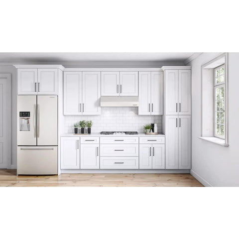 Modern kitchen with Kinney Pull Flat Black Eight Inch Cabinet Pull Lynwood Collection on white cabinets and drawers.