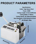 Killer Speed Automatic Electric Tube Cutter With Crisp Lcd Panel For Fast Precision Cuts Through Rubber Plastic Heat Shrink Tubing Industrial Grade Built Tough Slick Operation Gear specifications chart with dimensions and cutting details.