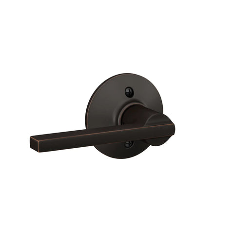 F10 LAT 716 Latitude Door Lever Hall And Closet Passage Lock Aged Bronze Finish side view on white background