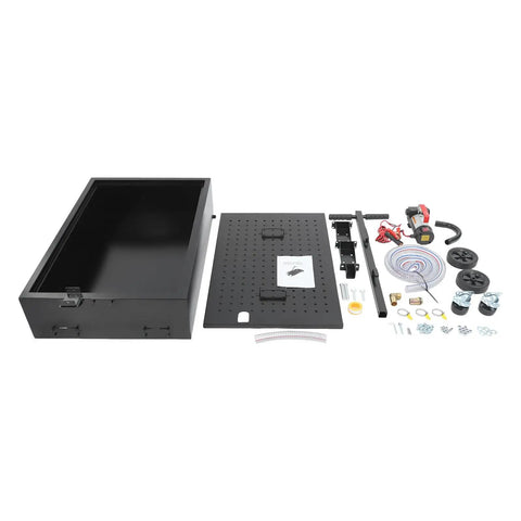 Cool Electric Oil Drain Pan With Pump And Hose For Cars Trucks Rvs, 20 Gal Steel Cart On Wheels To Make Garage Waste Removal Easy And Super Fast assembly parts laid out on white background.
