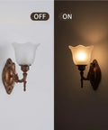 Antique Copper Wall Sconce Light European Vintage Design with Flower Glass Shade Carved Base Indoor Wall Lamp for Bedroom Living Room Hallway Bedside Decor E26/27 off and on lighting comparison