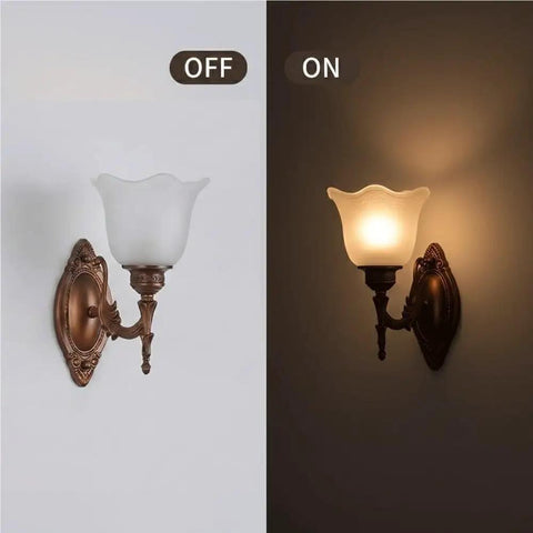 Antique Copper Wall Sconce Light European Vintage Design with Flower Glass Shade Carved Base Indoor Wall Lamp for Bedroom Living Room Hallway Bedside Decor E26/27 off and on lighting comparison