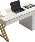 Dope White Executive Desk With Deep Drawers And Usb Charging Station, 47 Inch Modern Office Workstation with marble finish and laptop.
