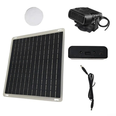 Slick 10W Solar Panel Heater For Cars And Small Barns, Portable Off Grid Winter Warming Device components with solar panel and fan.