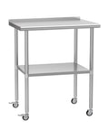 Stainless Steel Prep Table 24 By 30 Inch With Adjustable Undershelf, Backsplash And Wheels For Kitchen; side view