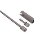 Heavy Duty Stainless Steel Scissor Jack And Slotted Drill Adapter set including a long drill bit and two attachments.