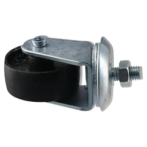 Side view of a Beefy Heavy Duty Floor Jack Caster Wheel, 12mm, 3 Ton Cast Iron Replacement, for floor jacks, all-steel frame.