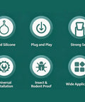 Features of Silicone Drain Stopper with Pull Ring including solid silicone, strong seal, and universal installation.