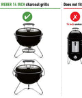 Diagram showing 14 inch Weber grills compatible with Heavy Duty 13.5 Inch Plated Steel Cooking Grate Replacement For 14 Inch Smokey Joe Charcoal Grills Including Silver Gold And Tuck N Carry Models Fits Smokey Joe Series, and non-compatible 14 inch smokers.