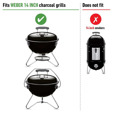 Diagram showing 14 inch Weber grills compatible with Heavy Duty 13.5 Inch Plated Steel Cooking Grate Replacement For 14 Inch Smokey Joe Charcoal Grills Including Silver Gold And Tuck N Carry Models Fits Smokey Joe Series, and non-compatible 14 inch smokers.