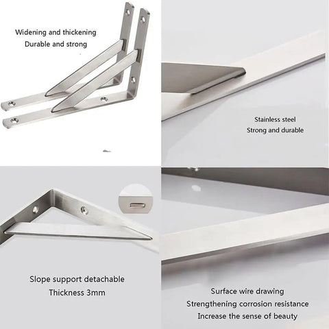 Top Notch Stainless Steel Corner Shelf Brackets showing durable 3mm thick mounts and strong triangular design for DIY shelving.