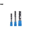 Three 1/2-inch carbide square-end mills in front view with blue holders, 4-flute AlTiN-coated.