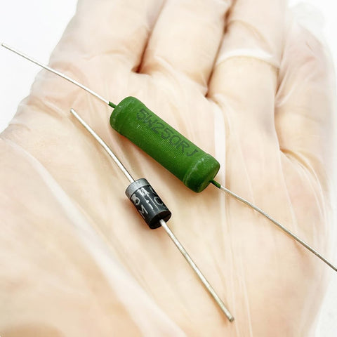 Close-up of resistor and diode from 36V EZGO Solenoid Relay Kit For EZGO Electric Golf Cart, 70 Series Continuous Duty.