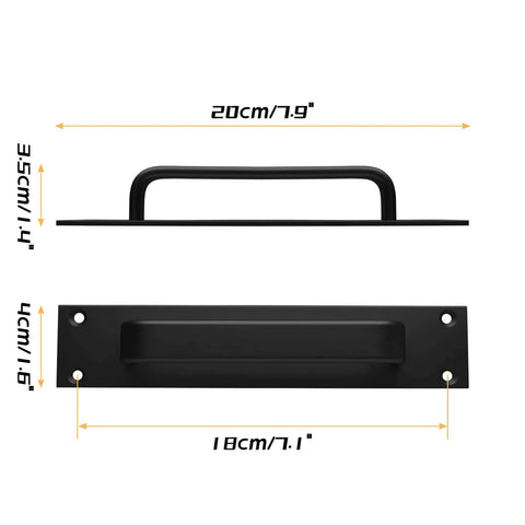 Sliding Barn Door Handle Set Black 2 Pack Aluminum Alloy 7.9 Inch Long Door Pulls With Plate 7.1 Inch Center To Center Mount.