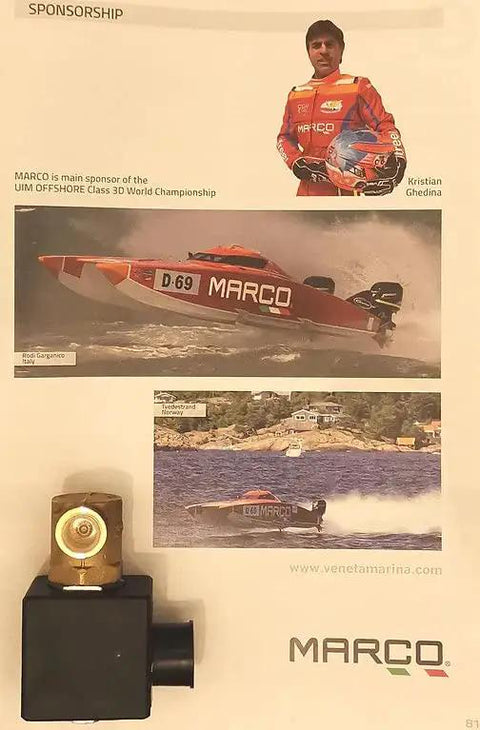 Heavy Duty 24 Volt Electric Solenoid Valve For Boat Freshwater Systems Featuring Solid Brass Construction And Quarter Inch Ports, shown with racing sponsorship.
