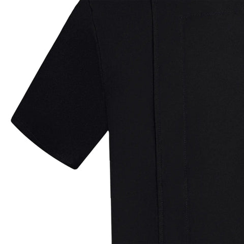Close-up of black short sleeve chef coat fabric, showcasing flexible material, part of the 2 Pack Short Sleeve Chef Coat, Unisex Kitchen Uniform with Button Closure, Flexible Cook Shirt, Durable Restaurant Workwear for Summer, Loose Fit Culinary Gear for Hotels, Chefs, and Food Service Pros Who Want Fresh Performance during the Daily Grind.