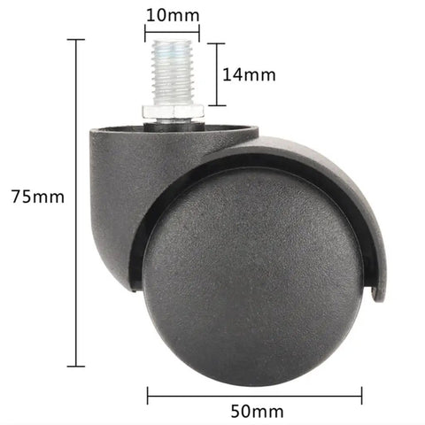 Universal Silent Caster Wheels For Office Chairs Replacement measuring 75mm height and 50mm width, ideal for smooth rolling.