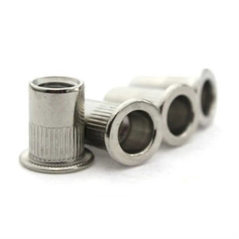 6 Pack Flat Head Threaded Insert Nut Rivets For Sheet Metal Steel Aluminum Abs Fiberglass M3 To M12 Sizes Zinc Plated Carbon Steel close-up view