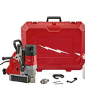 1-5/8 Inch Corded Magnetic Drill Kit With Variable Speed Control, Hot Knife Performance On Steel, Zero Fluff Tool-Free Adjustment Mag Base For Serious Fabrication Tasks in red carrying case with accessories.