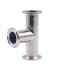 Front view of stainless steel 3-way sanitary clamp tee for 1.5" tri-clamp, 38 mm OD pipe