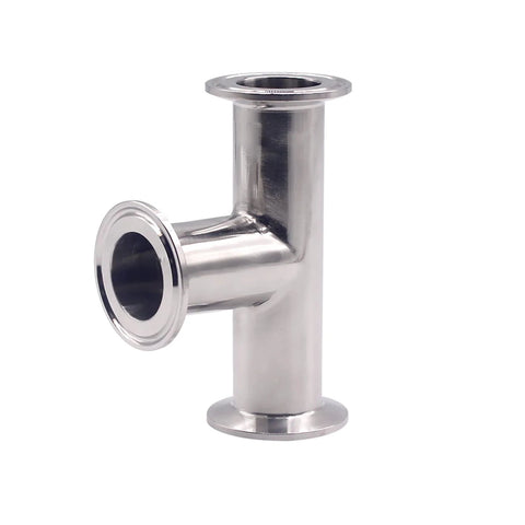 Front view of stainless steel 3-way sanitary clamp tee for 1.5" tri-clamp, 38 mm OD pipe